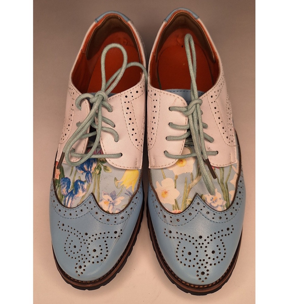 Floral Wingtip Oxford Shoes Pastel Blue White Leather Brogue Lace Up Size 36
